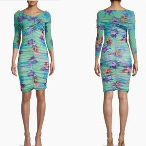 Fuzzi  Dress Tropical Ruched Mesh Mini
